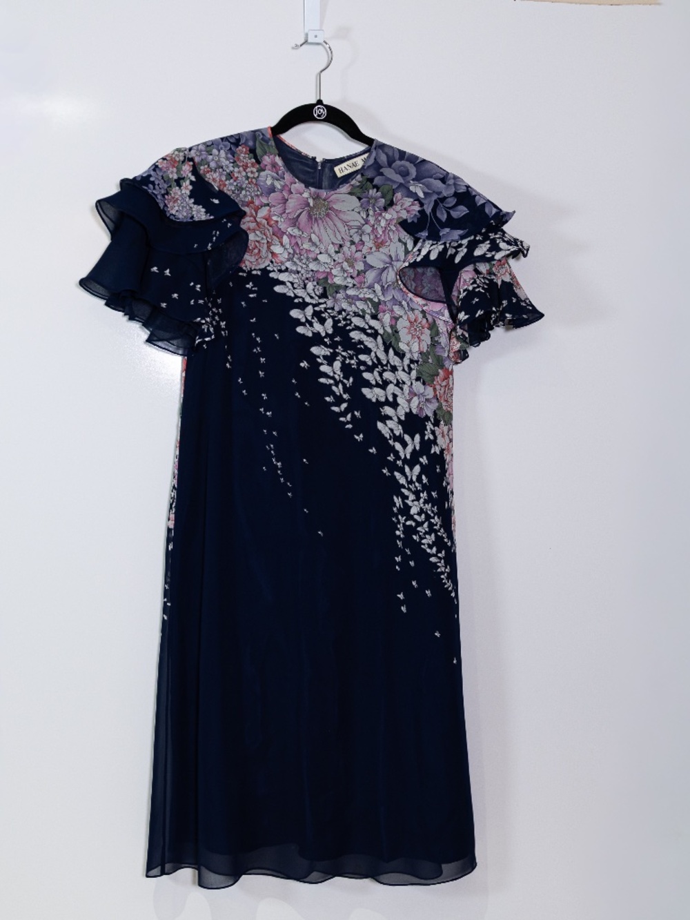 Hanae Mori Vintage Watercolor Floral Flower Print Chiffon Ruffle Mini Dress 8